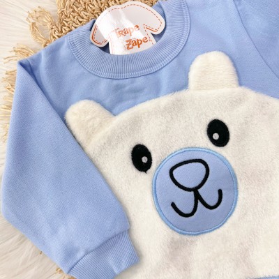 Conj. Casaco Ursinho com Pelinho e Calça de Moletom - Azul Bebê